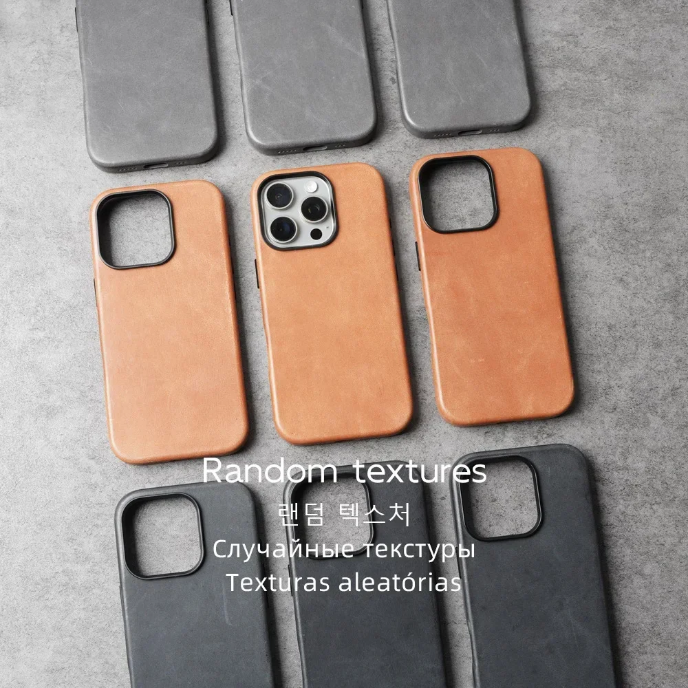 

Waxed Genuine Leather Case for iPhone 16 15 14 Pro Max Magnetic Vegetable Tanned Cowhide Phone Cover