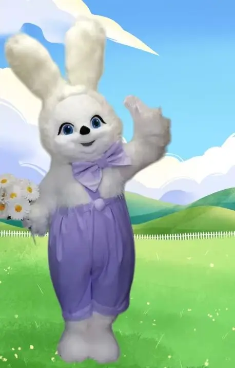 

Purple Overalls White Rabbit Mascot Costume for Halloween Carnival Party Fashion Show adults Walking Advertising Suit