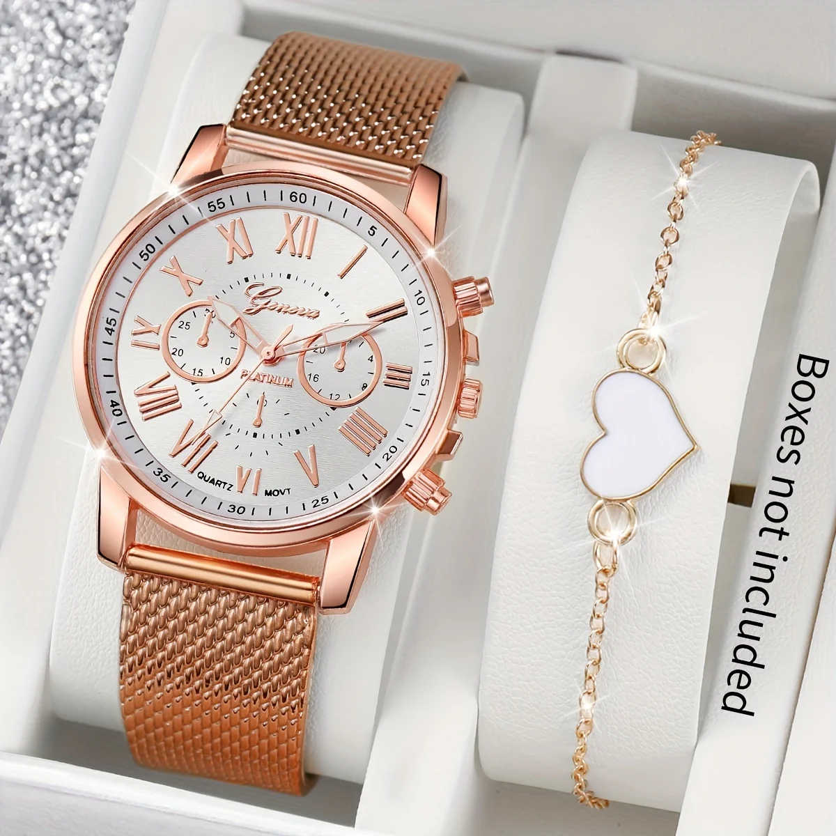 

2pcs/set Women's Casual Fashion Quartz Watch Roman Numerals Wrist Watch & Heart Bracelet, Valentine's Day Gift For Her