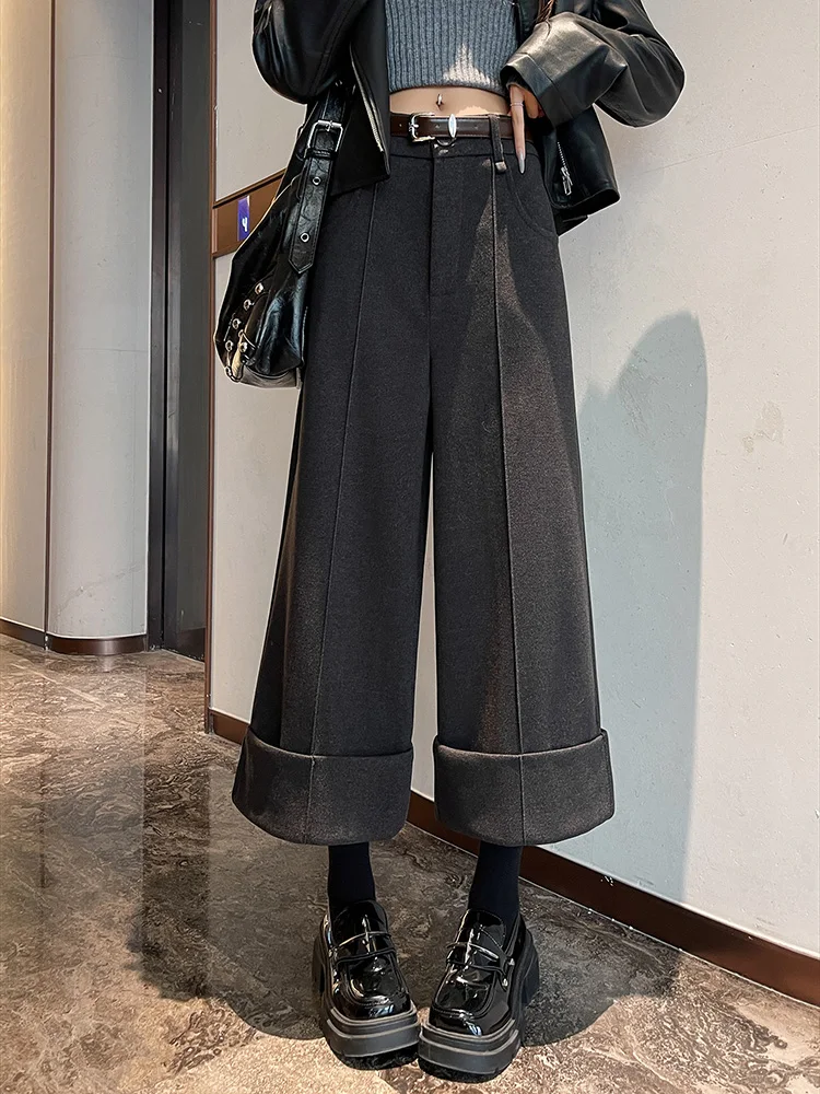 

High end curled edge woolen wide leg pants women autumn and winter high waisted straight leg thick eight point suit pants
