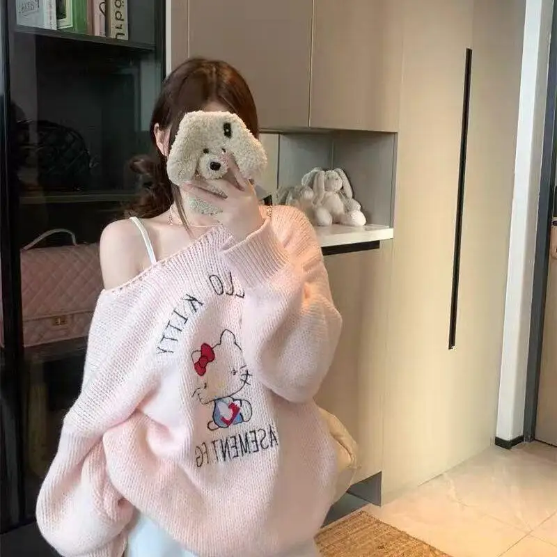 لطيف الحلو مرحبا كيتي سترة المرأة خارج الكتف طويلة الأكمام سترة الربيع والخريف لينة الراحة البلوز القمم تريكو #5