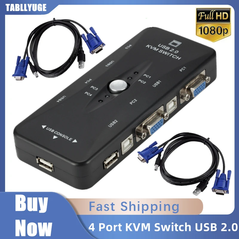 

TABLLYUGE 4 Port KVM Switch USB 2.0 VGA Splitter Printer Mouse Keyboard Pendrive Share Switcher 1920*1440 VGA Switch Box Adapter