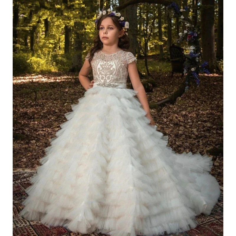 White Flower Girl Dresses Tulle Tiered Appliques With Tailing Bow Short Sleeve For Wedding Birthday Party Banquet Princess Gown