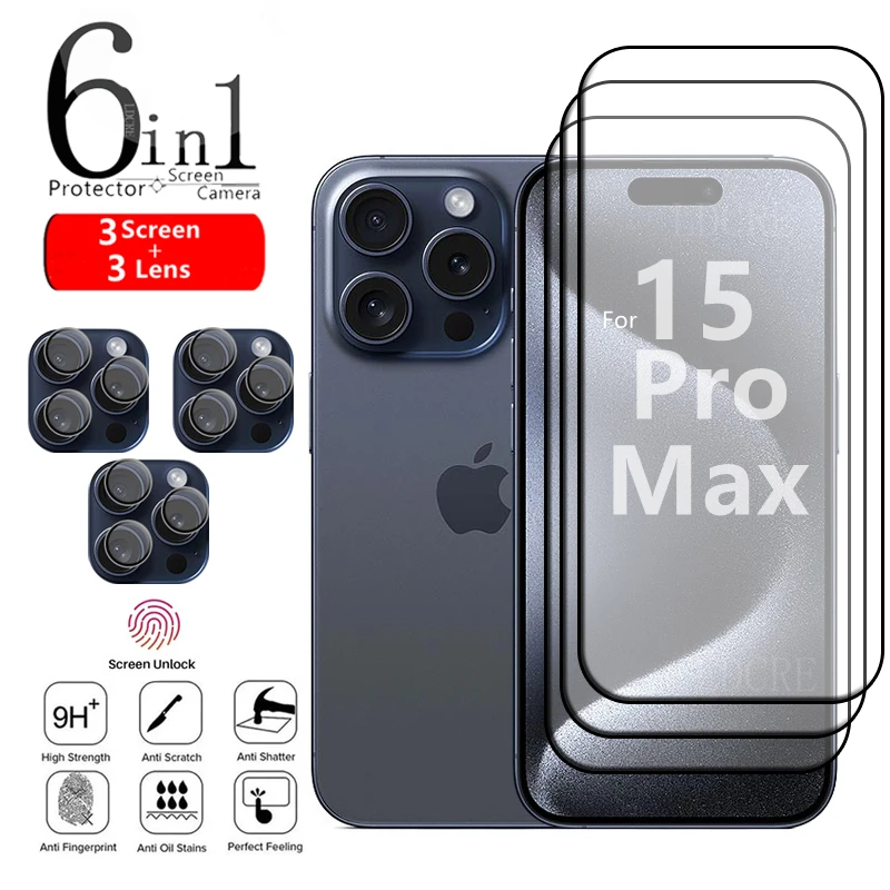 6-in-1 For iPhone 15 Pro Max Glass For iPhone 15 Tempered Glass Screen Protector For iPhone 12 13 14 15 Plus Pro Max Lens Glass