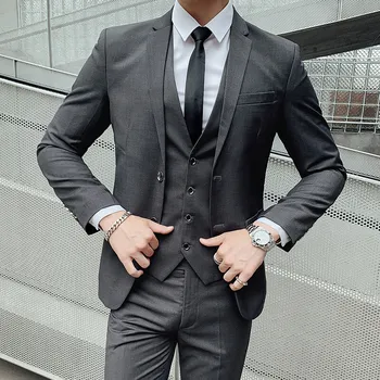 Solid Color Suit Men's Fashionable Gentleman Business Banquet Korean-style Formal Dress Casual Wedding (Blazer+Vest+Trousers) 4
