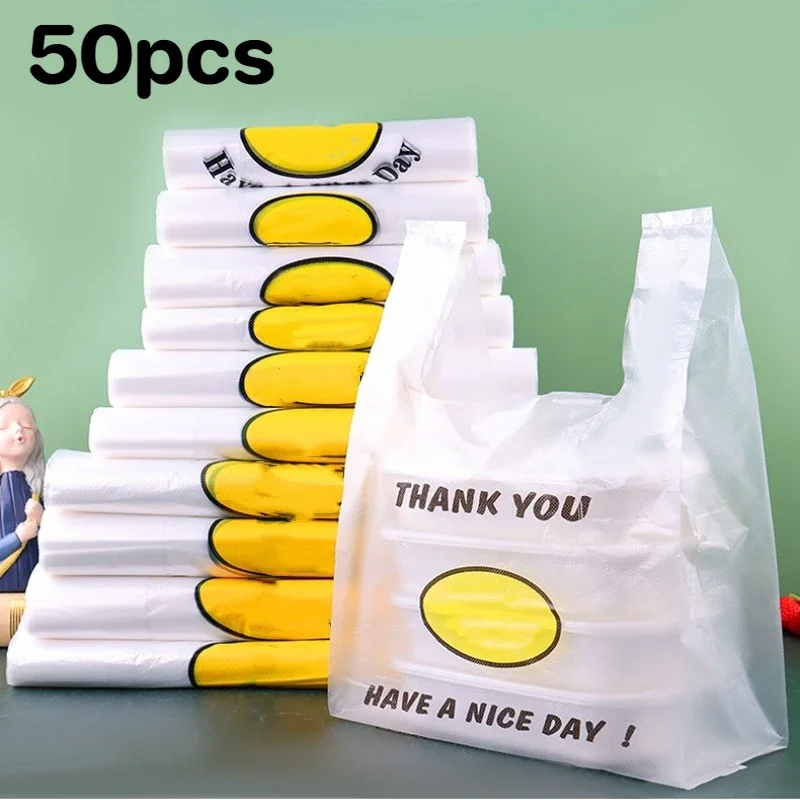 Supermarket Plastic Bags Transparent Shopping Bag 50pcs/Lot Handle Fruit Food Packaging Carry Out Bags