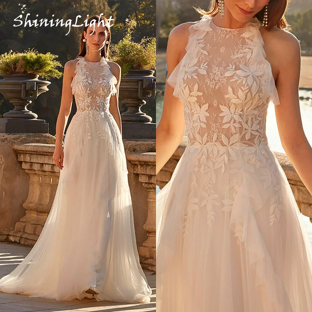 

ShiningLight Vestidos De Novia Boho Lace Wedding Dresses Lace Appliques Long A Line Tulle Wedding Gown for Bridal Customized
