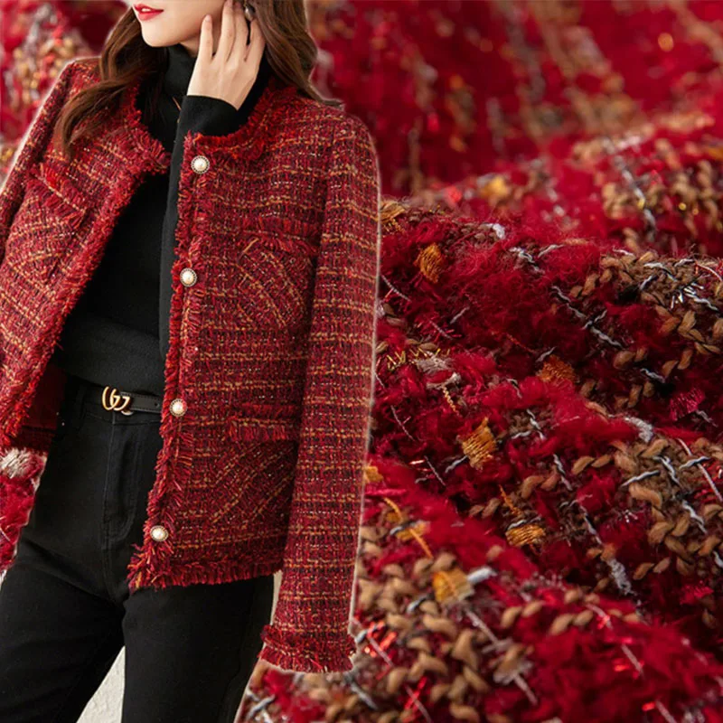 

Red Lattice Ribbon Yarn-Dyed Braided Tweed Fabric For Sew Woman's Autumn Jacket Dress Suit Coat Handbag DIY Cloth Sewing