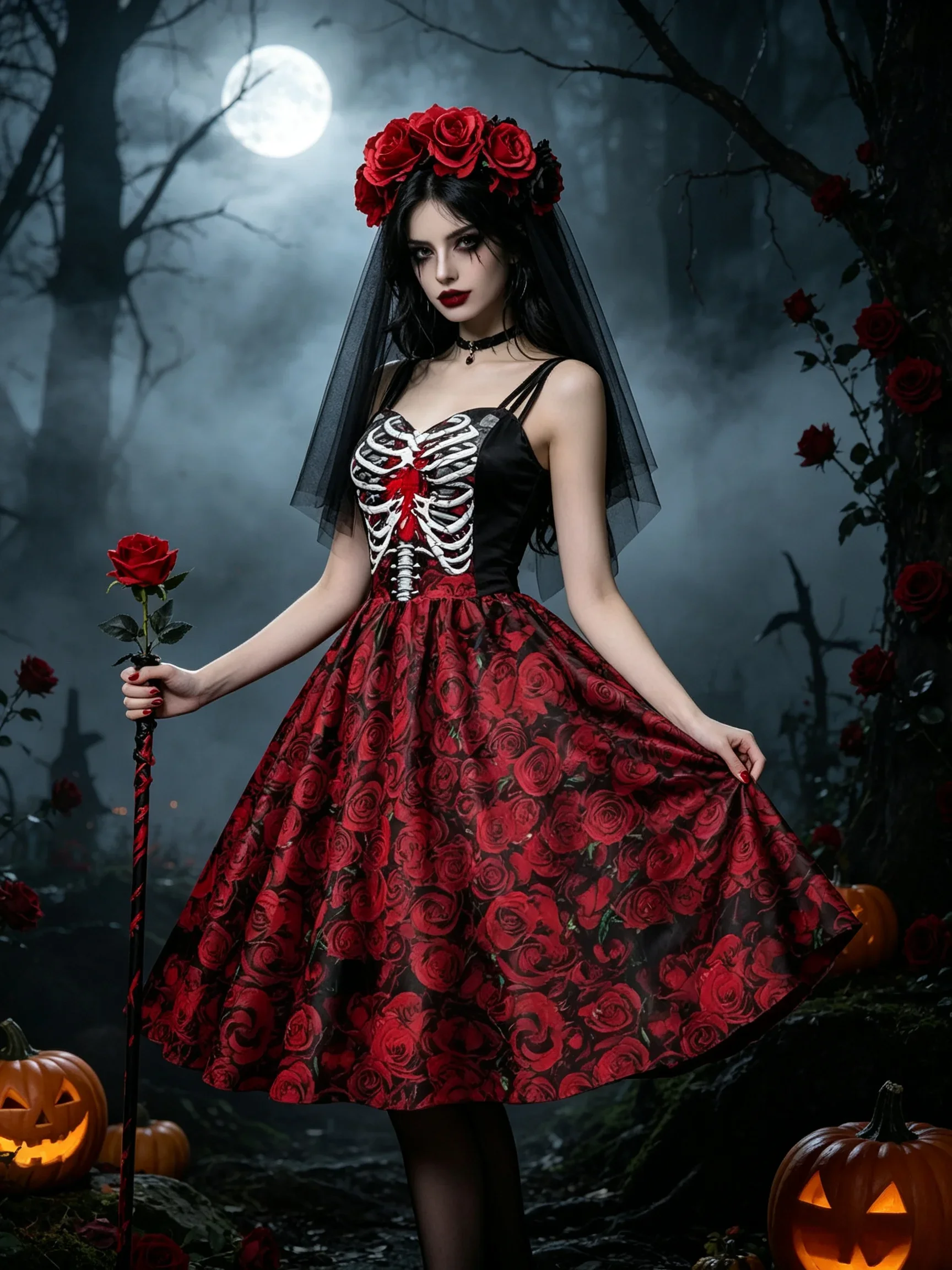 Teenager-Mädchen Rollenspiel-Kleid Damen Skelett-Rosen-Cosplay Ärmelloses Swing-Kleid Gothisches Halloween-Kostüm für Kostümparty – Detail 7