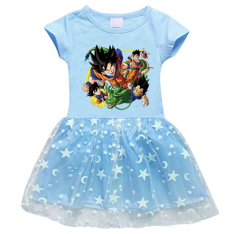 2023 new Korean version solid color girl dress cotton 3D printing cartoon stars moon mesh yarn short-sleeved princess skirt