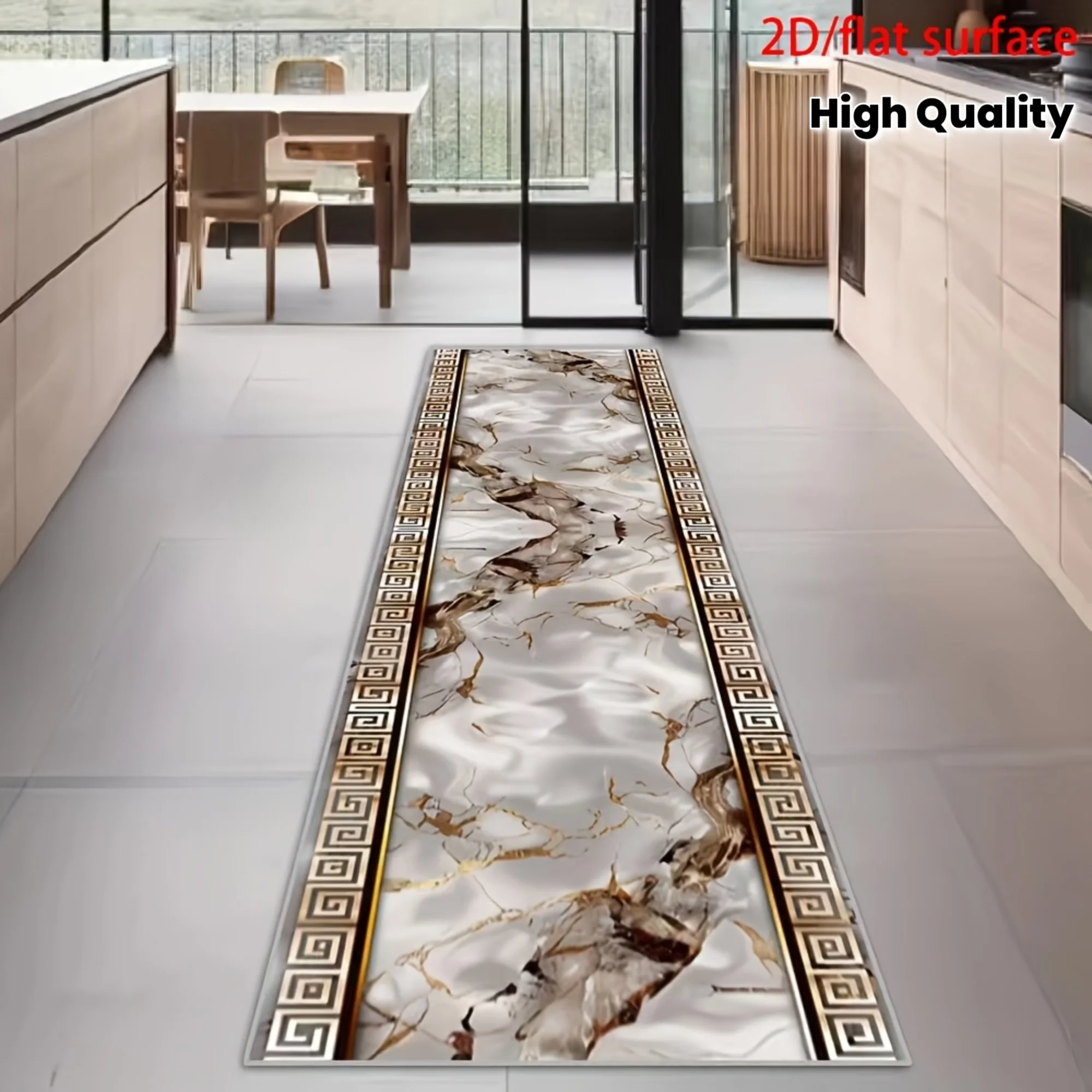 High-End Geometric Marble Long Floor Mat, Ornate Greek Key Print Non-Slip Runner Rug for Living Room, Durable Washable Luxury