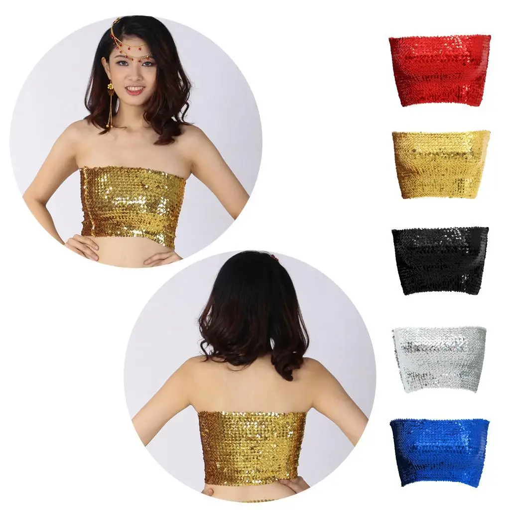 Sequins Tube Top Blouse Stretchy Chest Wrap Dancewear Costume