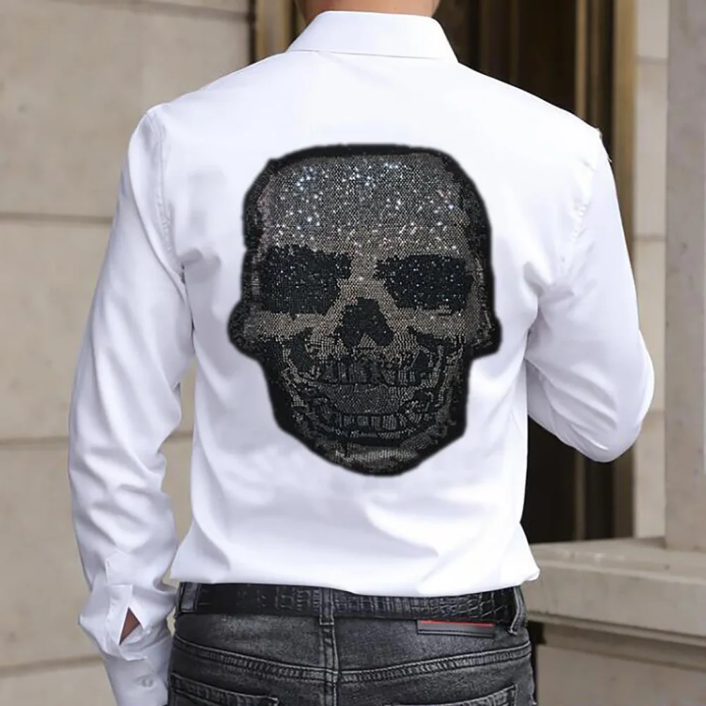 

Men Diamond Rhinestone Shirt Long Sleeve 2023 Streetwear Casual Tops Autumn Button Asian Size S-3XL 043