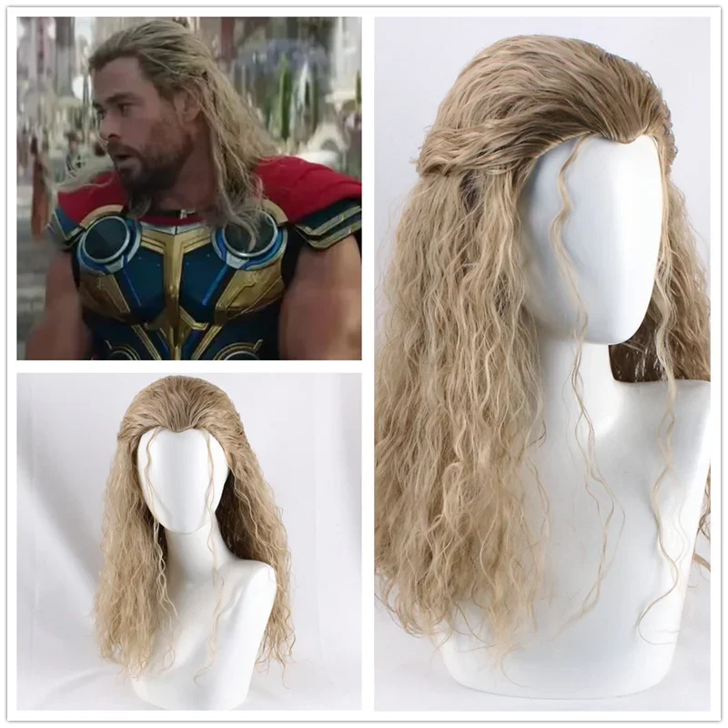 New Thor Cosplay Wigs Movie Love And Thunder 4 Role Play Fantasia Man Blonde Curly Hair Halloween Carnival Cloth Hair