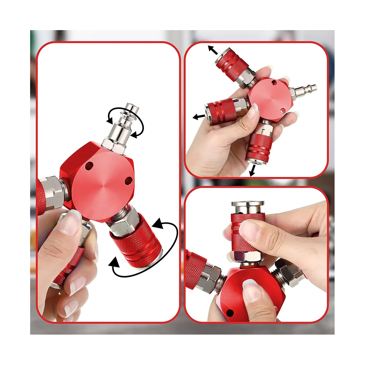 2 Pcs Air Hose Connectors 3 Way Air Hose Fittings 1/4 in NPT Air Compressor Fittings Air Compressor Accessories (Red)