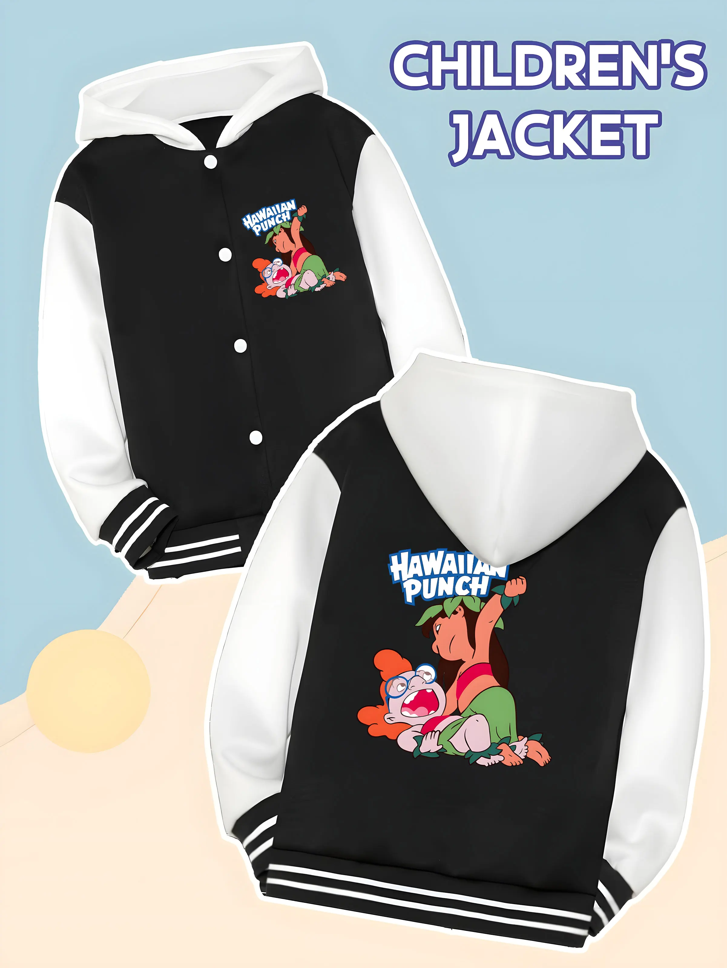 

MINISO Disney Hawaiian style children's baseball jacket - Fun "HAWAIIAN PUNCH" print, stylish design, comfortable fabric