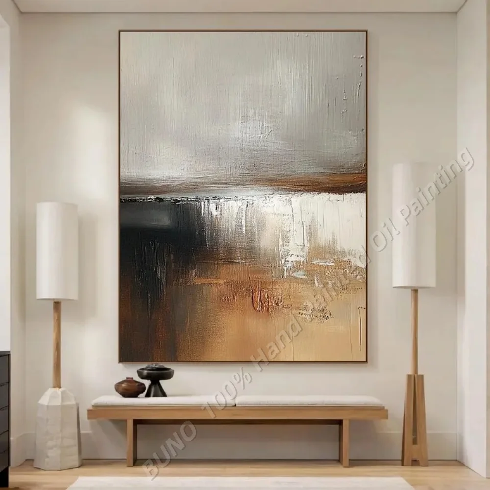 Hand Painted Abstract Oil Painting 100% Original Textured Brown Grey Landscape Wall Art for Living Room Bedroom Home Decor