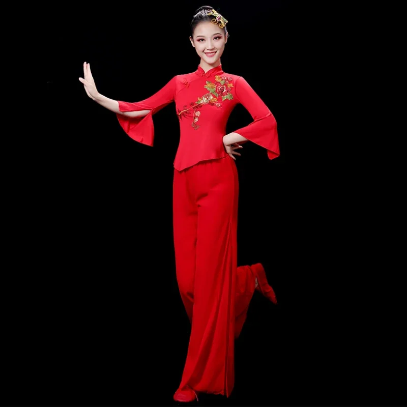 Chinese Folk Dance Red Yangko Nationale Dans Kostuums Klassieke Taille Drum Wear Square Dance Hanfu Kleding Voor Podium