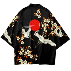 Yaz vinç baskı Kimono Unisex moda havai gömleği moda Trendy Yukata bornoz gevşek Kimono zarif dış giyim Tops