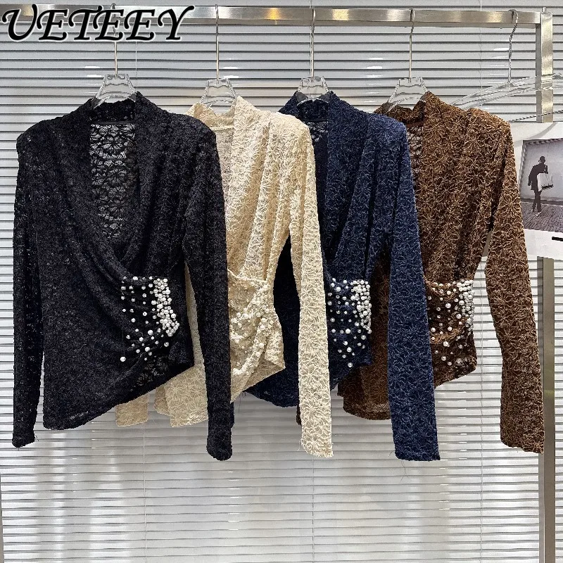 

Spring and Autumn New Elegant Socialite V-Neck Long Sleeve Top with Pearl Beading Design Hollow Out Slim Lace Blouse for Women