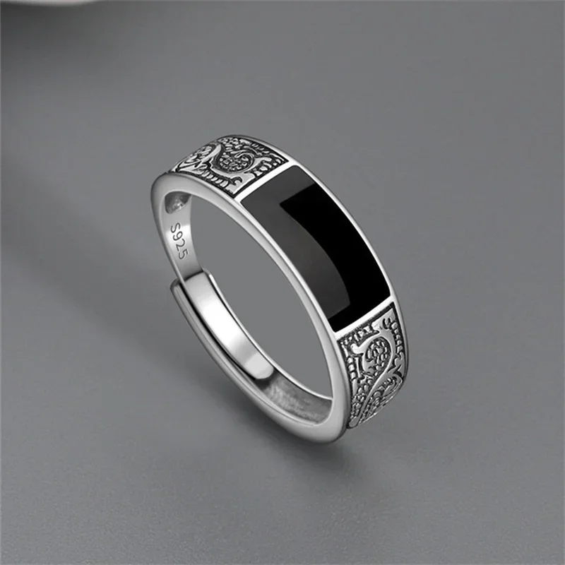 Bague en argent regardé ChimSilver pour homme, rectangle noir, motif dragon rétro, accessoires de doigt Infex masculins ouverts