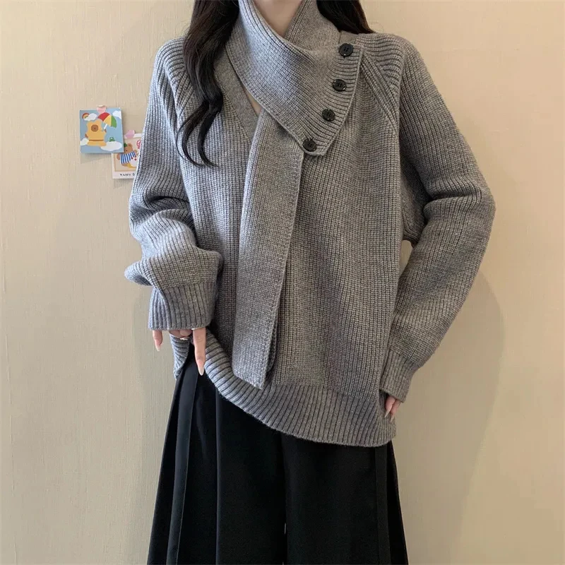 Korean Knitted Sweaters Women Chic Removable Scarf V Neck Loose Casual Pullovers Fall Winter All Match Solid Simple Fashion Tops