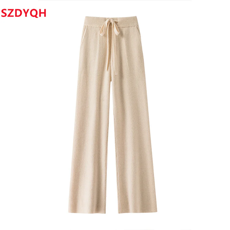 2023 Autumn Winter Women 100% Wool Pants Soft Waxy Comfortable High-Waist Knitted Trousers Female Casual Thicken Wide Leg Pants