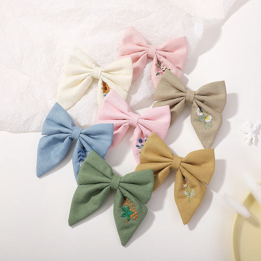 

2Pcs Baby Girls Hair Clips Bows Flower Embroided Hairpin Cotton Linen Children Hair Accessories Lovely Kids Barrette Headwear