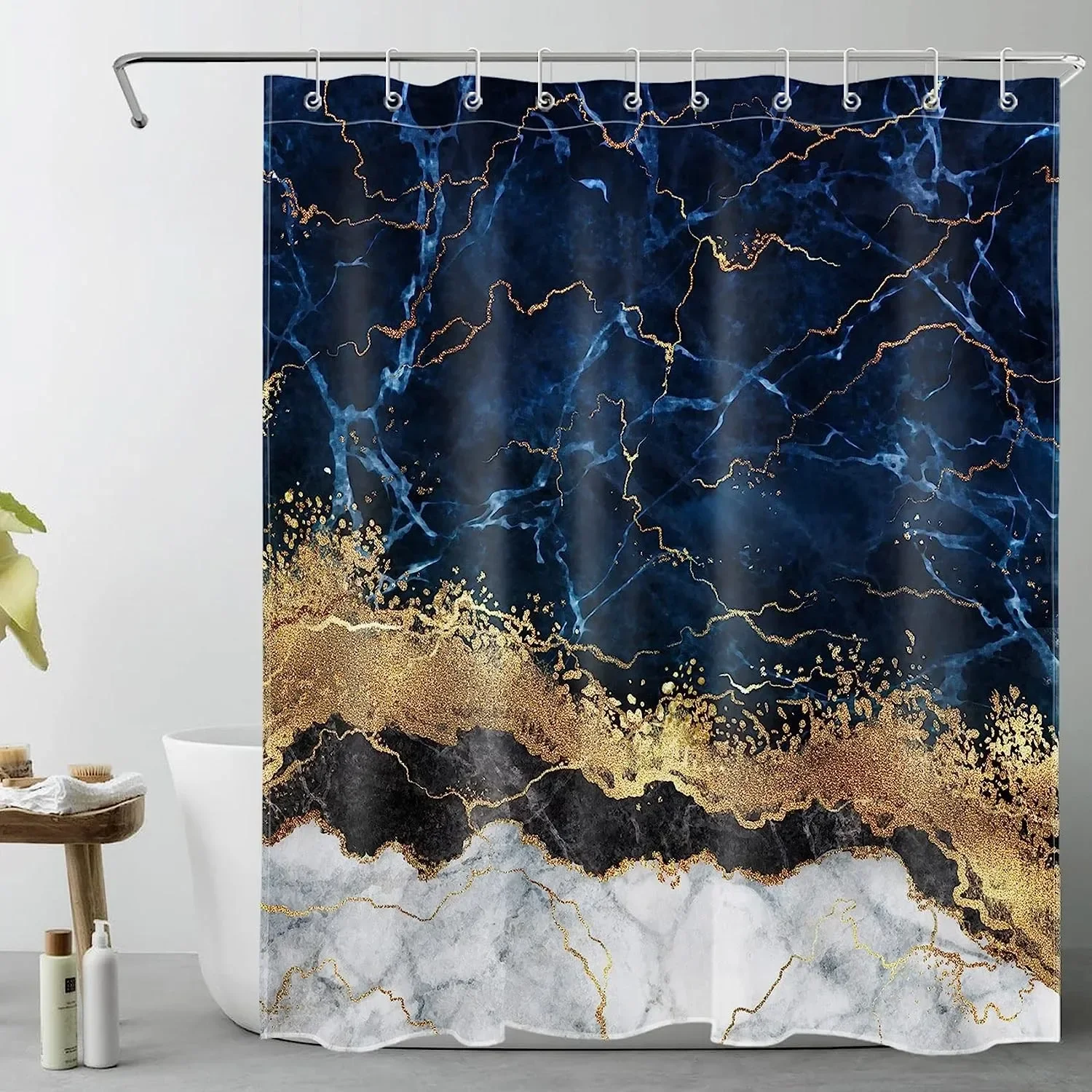 Marble Shower Curtain, Blue Curtain Set, Abstract Luxury Golden Glitter Veins Texture Curtains for Bathroom Waterproof Fabric