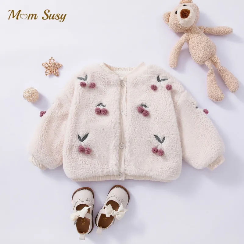 

Fashion Baby Girl Cherry Embroidery Fleece Jacket Infant Toddle Child lamb Like Coat Autumn Winter Knitwear Baby Clothes 0-5Y