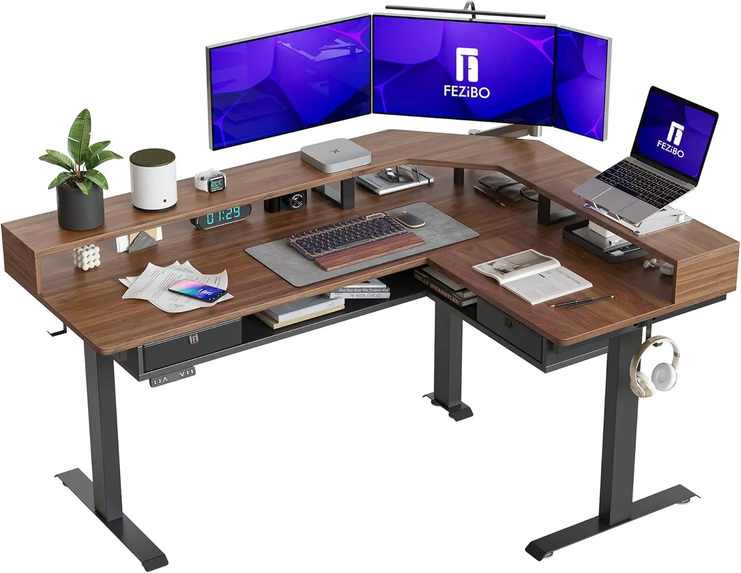 

L Shaped Standing Desk with LED Strip & 2 Drawers, Triple Motors Supports Over 300lbs, Upper and Lower Storage Shelves Available
