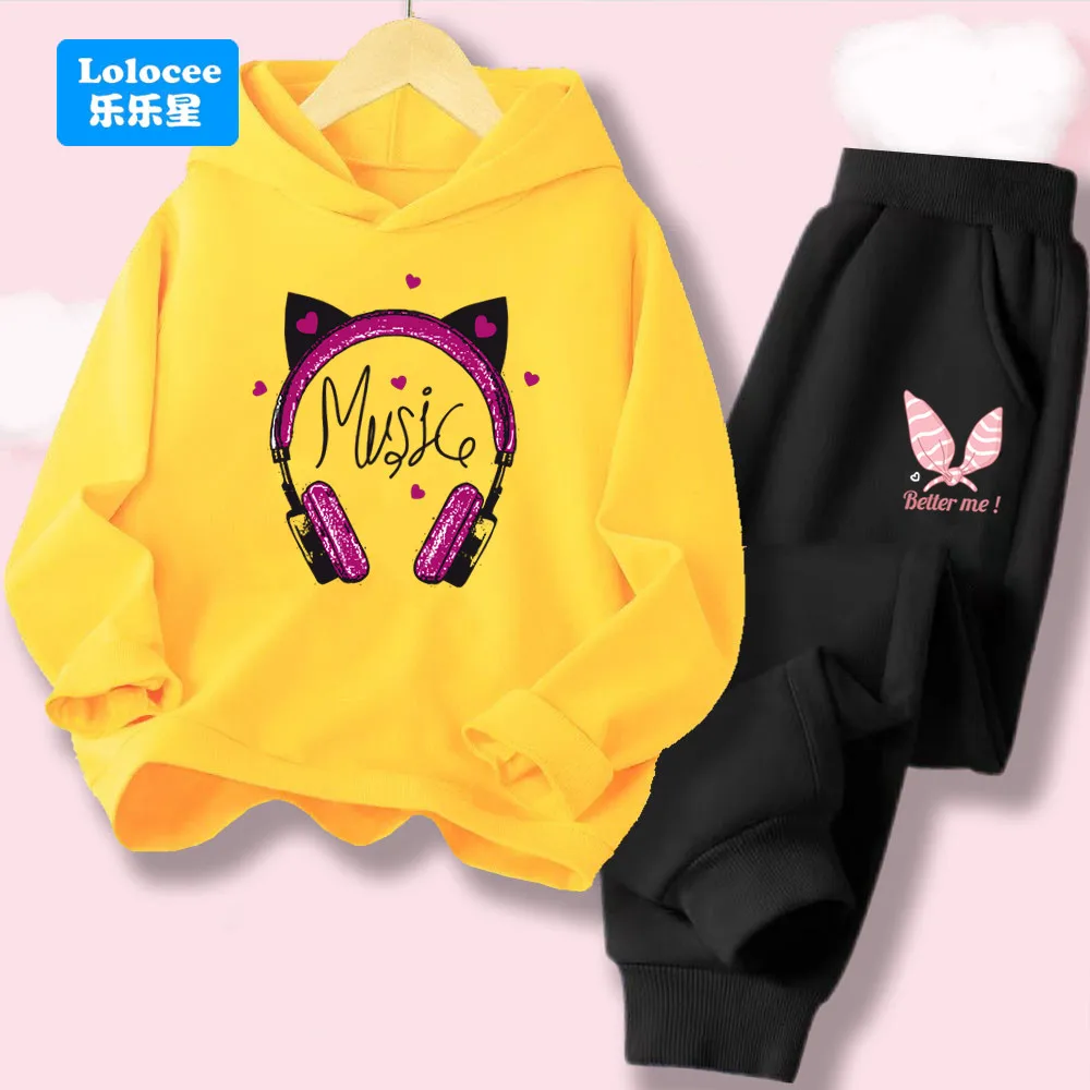 2026 Mädchen Hoodies und Hosen Outfit, Frühling Herbst Nette Katze Ohr Kopfhörer Druck Hoodie und Hosen 2 stücke Set Kinder trainingsanzug EJM1