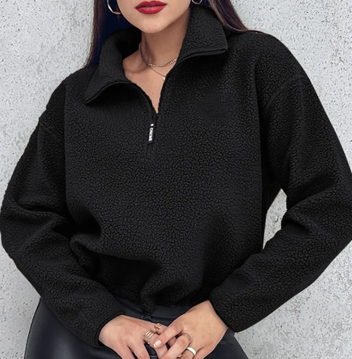 Women's Sweatshirt Fleece Tops Winter Fashion Solid Color Stand Collar Zipper Design Long Sleeve Casual Loose Fit Sweatshirt