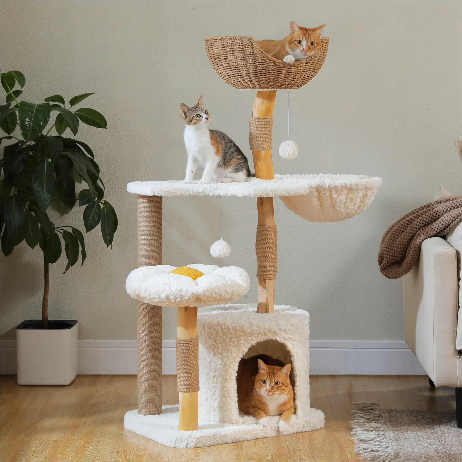Moderner Kratzbaum für Katzen im Innenbereich, Massivholz-Katzenturm mit luxuriösem Katzenwohnung, gemütliche Hängematte, Kratzbaum, Blumen-Katzenbett, Katzenspielzeug