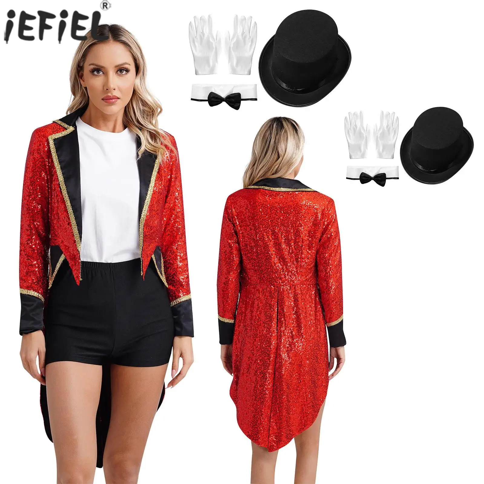 

Womens Tail Coats Circus Ringmaster Magician Jackets Sequin Long Sleeve Open Front Tailcoat with Hat And Bow Collar Gloves Set