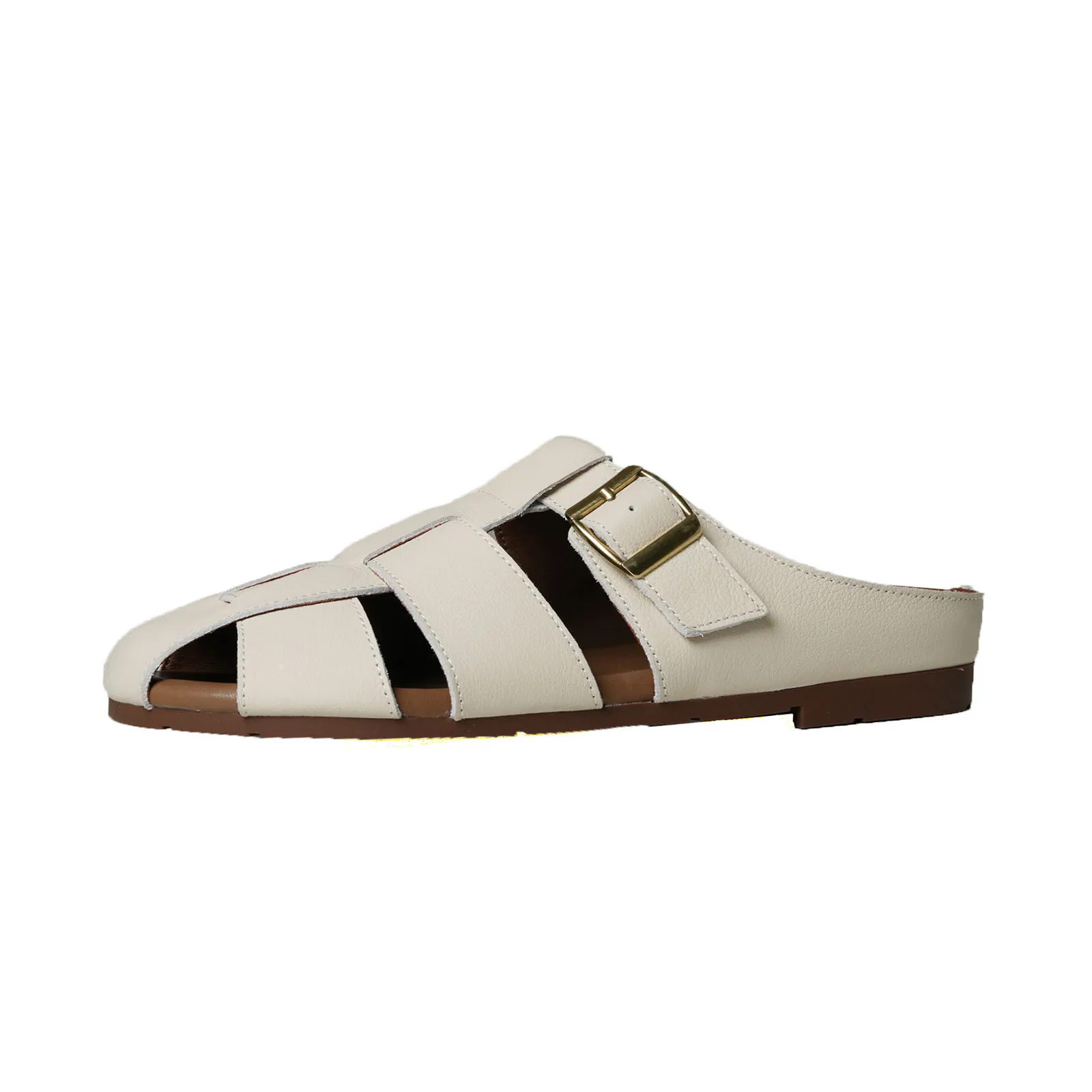 

Arden Furtado 2025 Summer cowhide Belt buckle Flat Mules Round toe Hollow Low heel slippers outdoor Large size Slippers