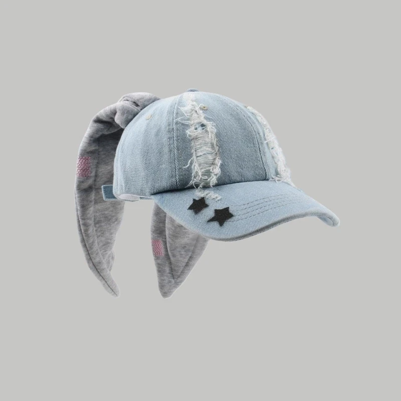 Von Prominenten inspirierte Niche Rabbit Ear Denim Ripped Baseball Cap Washed Graffiti Hip-Hop Sun Hat Trendy Cap – Detail 8