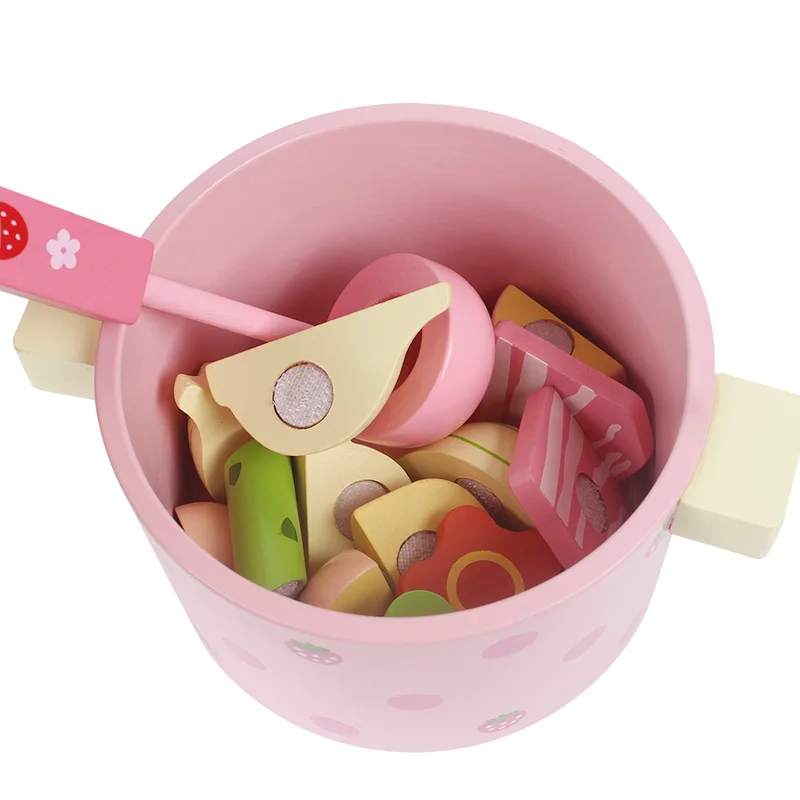 Kids Kitchen Toys Mother Garden Strawberry Simulation Vegetable Hot Pot Kitchen Prentend Play Food Set Wooden Toy for Girls Gift