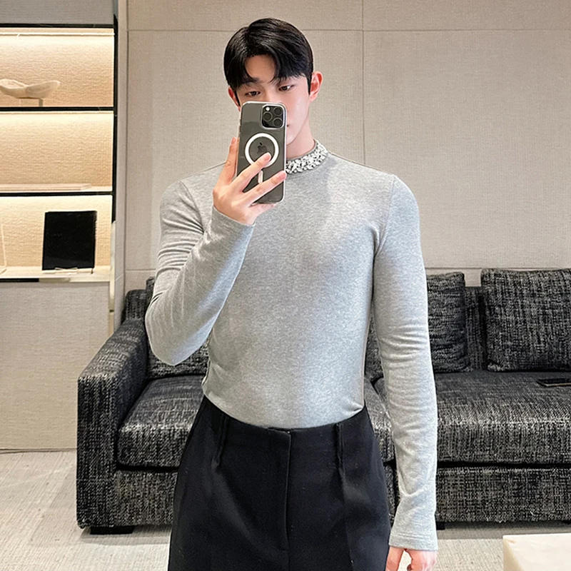 IEFB Autumn Winter Design Korean New Chic Male T-shirt Long Sleeve Stand Collar Versatile Nail Drill Personality Top 9C7140