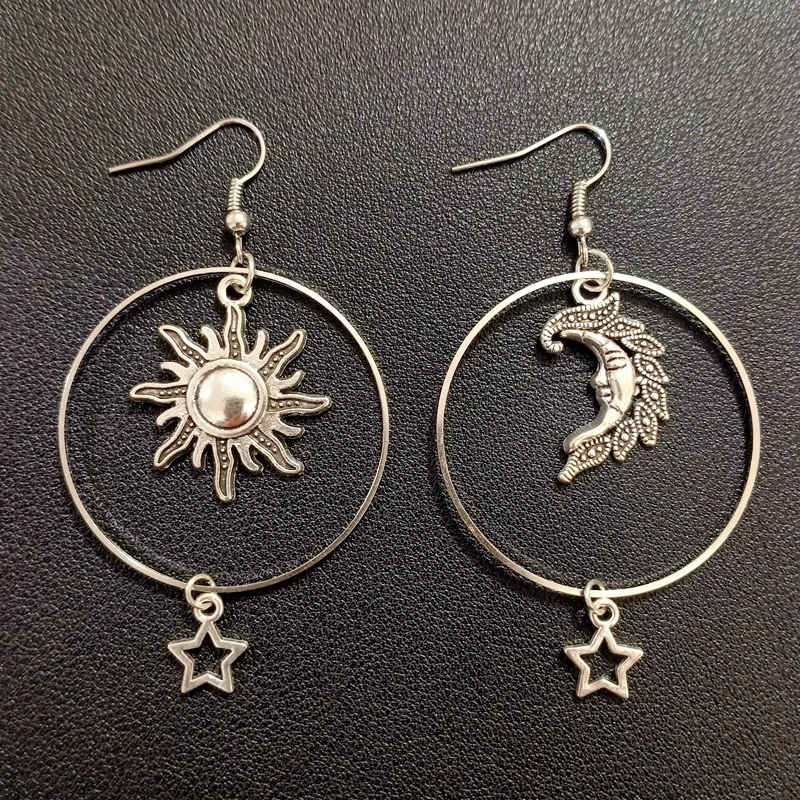 The Sun Moon Star Earrings Tibetan Silver Drop Earrings Sun Moon Star Hoop Earrings Boho Pagan Gift Celestial Earrings