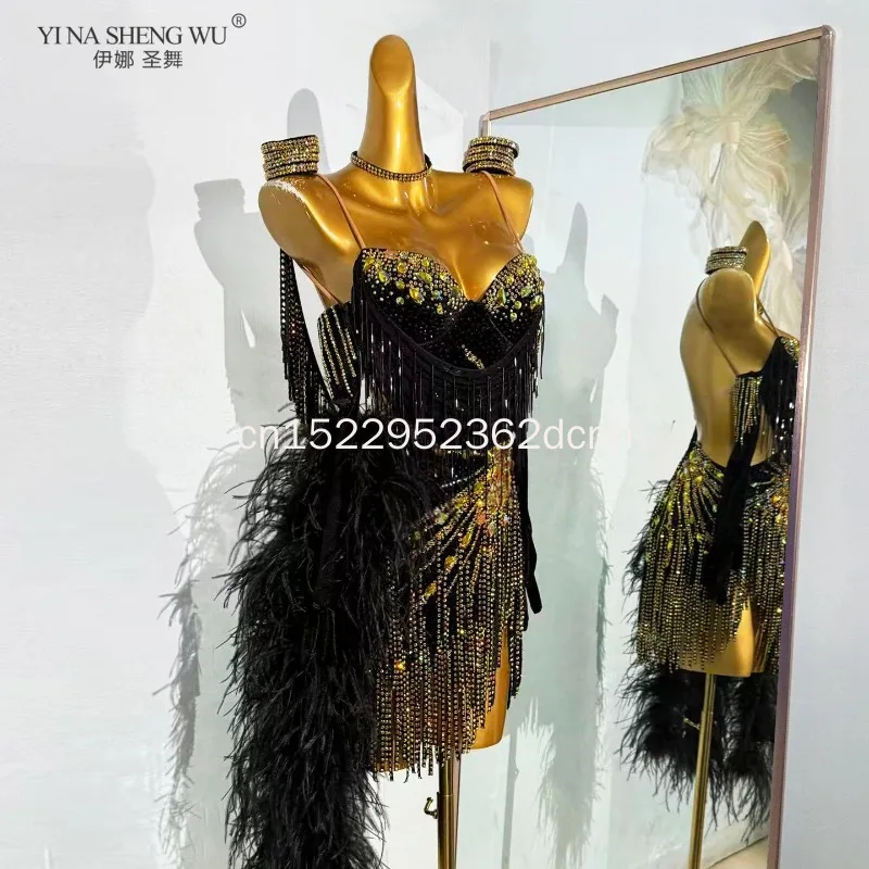 

Latin Dance AB Stone Female Adult Children High end Customized Black Gold Dress with Fluffy Skirt Black Pool Samba Dress