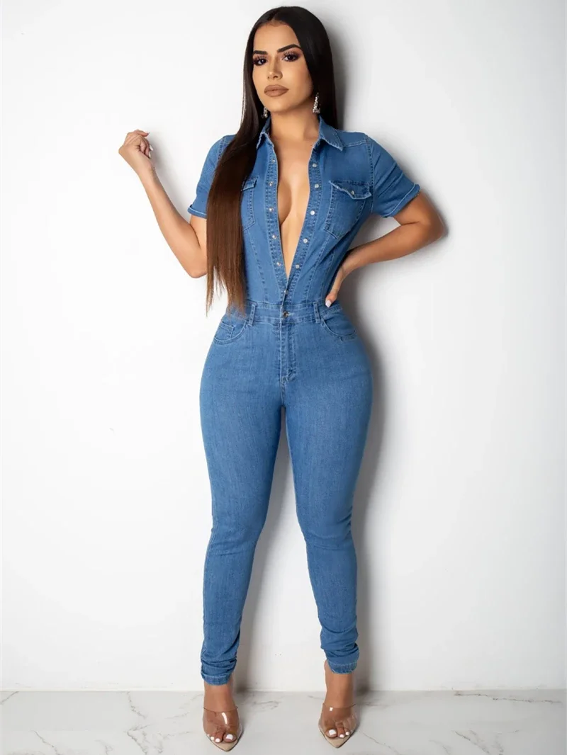 

Fashion Denim Jumpsuits Women Summer Y2K Clothing Short Sleeve Bodycon Jean Rompers Playsuits One Pieces Catsuit Overalls Outfit