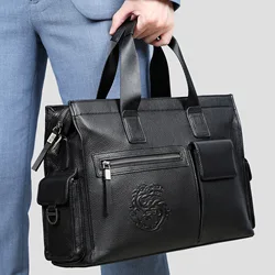 Maleta de couro genuíno masculino, bolsa de grande capacidade para laptop de couro macio, couro para negócios e pendulares, 14 in