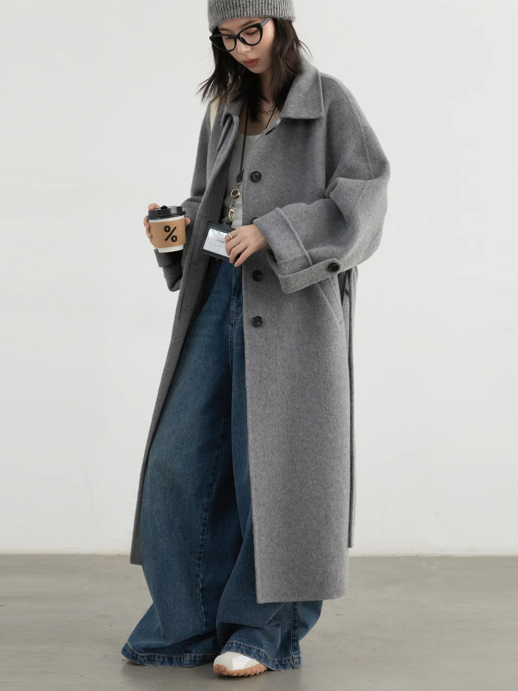 CHIC VEN Fashion Women Long Woolen Coat Solid Loose Casual Single Breasted Double-sided Ladies Overcoat Belt Autumn Winter 2024