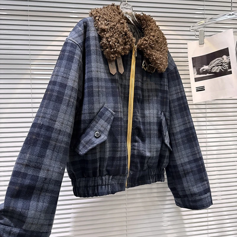 2025 Winter Neue Amerikanische Stil Retro Gürtel Neck Grid Muster Kontrast Farbe Unten Jacke Frauen Casual Street Fashion Mantel