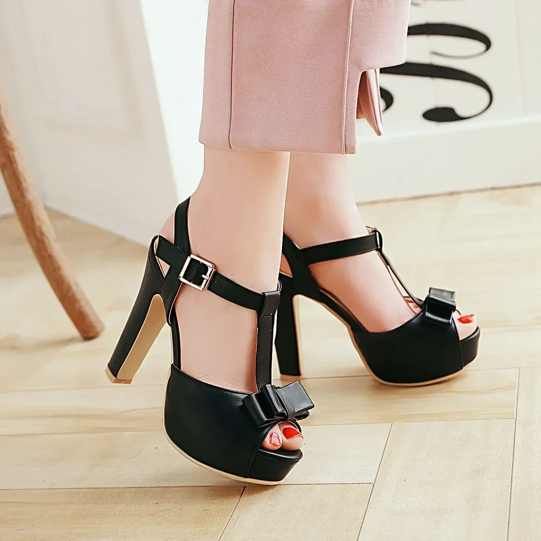 Bowtie Women Gladiator Sandals High Chunky Platform Heel Black White Pink Peep Toe Bridal Party Office Lady Summer T-strap Shoes - view 6