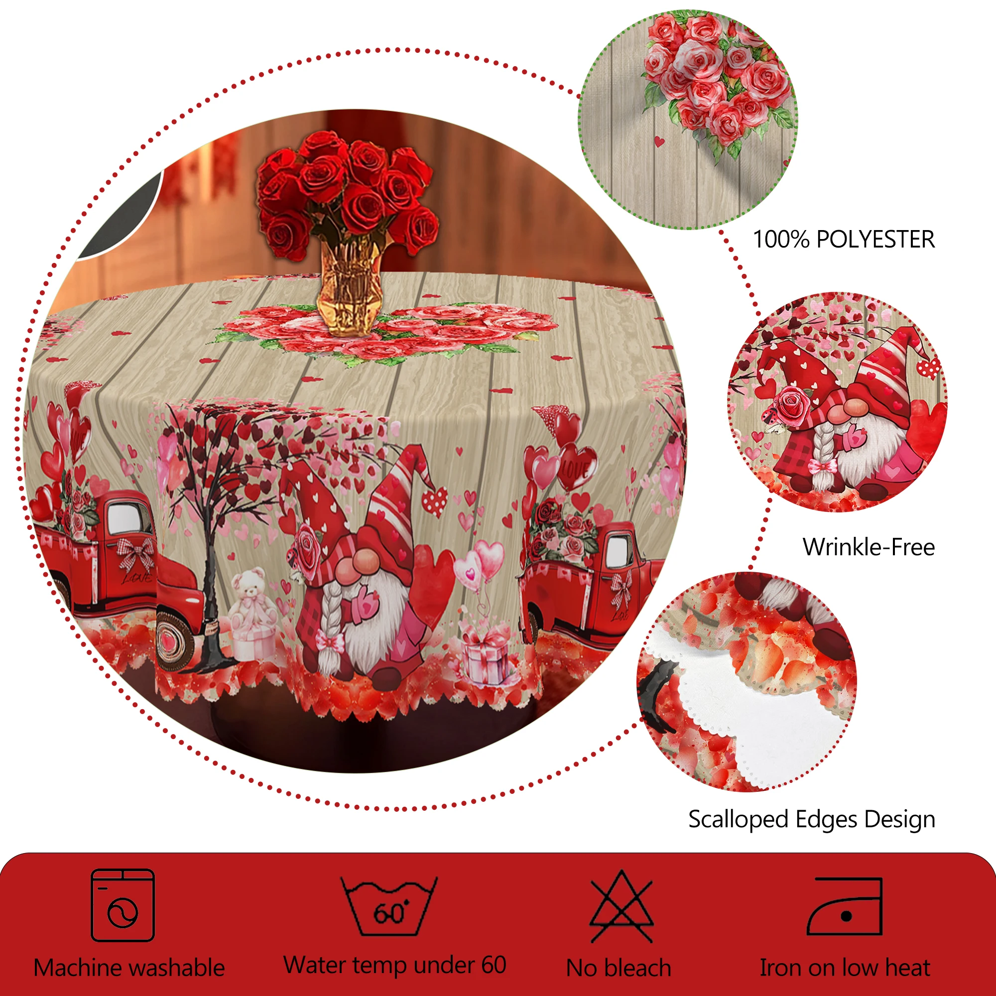 1 Piece Valentine\'s Day Round Tablecloth, 5 Sizes Available, Love Dwarf Wood Panel Pattern Tablecloth, Matching 4 Tablecloth Stickers, Edge