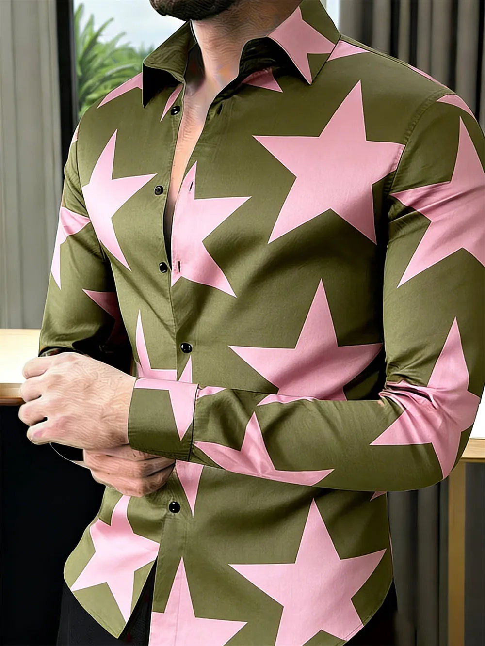 

2026 Men's Luxury Hawaiian Shirt Pink Checkered Print Long Sleeve Fashionable Men's Clothing Professional Style