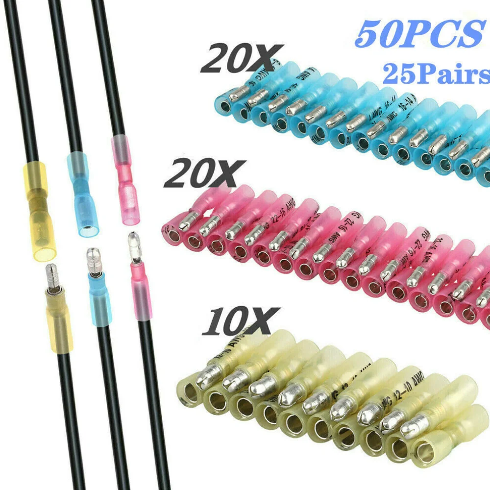 

50PCS Heat Shrink Bullet Terminal Female Male Electrical Wire Connectors Splice Crimp Terminals 10-22AWG Waterproof