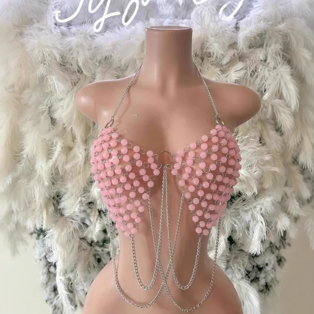 

New Pink Sexy Beaded Metal Chain Body Chain For Women Beach Vacation Hot Girl Rhinestone Sequin Halter Tank Top